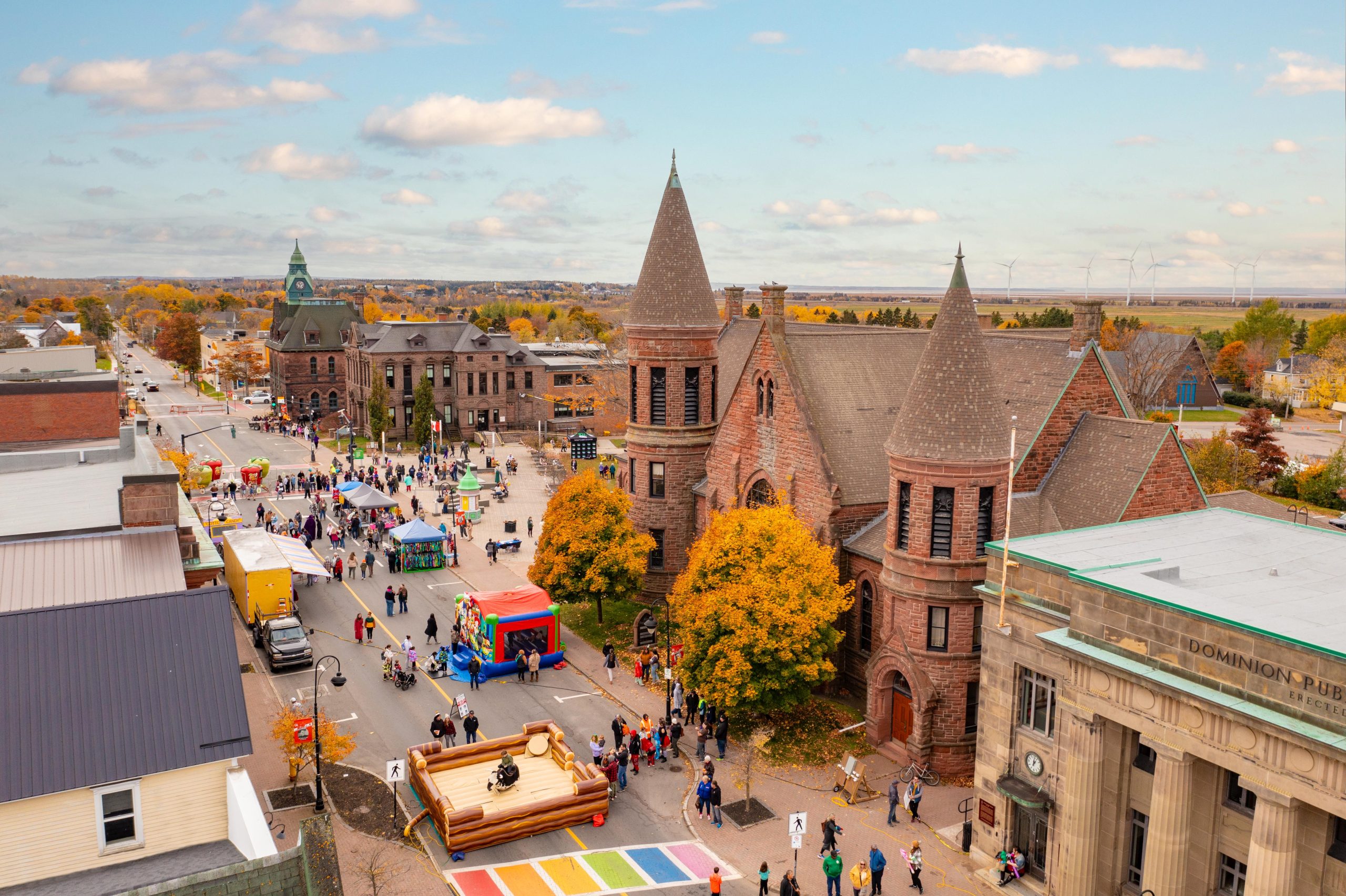 Aerial view of downtown Amherst, Nova Scotia during a festival