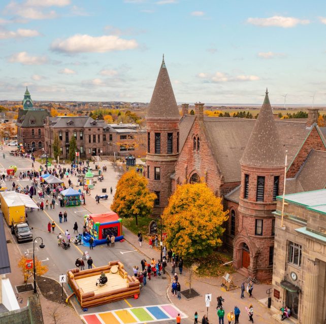 Aerial view of downtown Amherst, Nova Scotia during a festival
